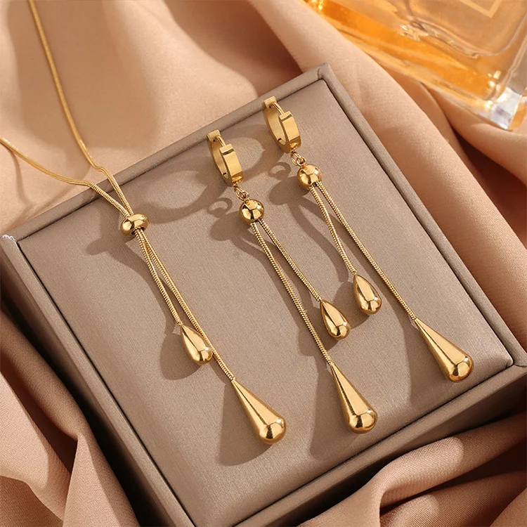 18K Gold Plated Tassel Water Tear Drop Charm Wedding Statement Anniversary Party School Holiday Necklace Earrings Jewelry Set