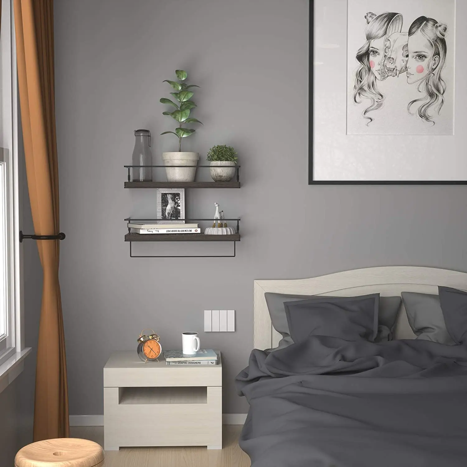 Wall Mounted Storage Shelves with Metal Frame and Towel Rack Floating Shelves for Wall