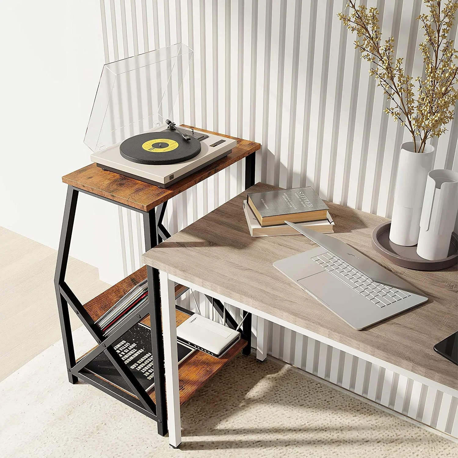 3 Tier Larger Record Player Stand with Storage Side End Table Wood Look with Metal Frame for Living Room