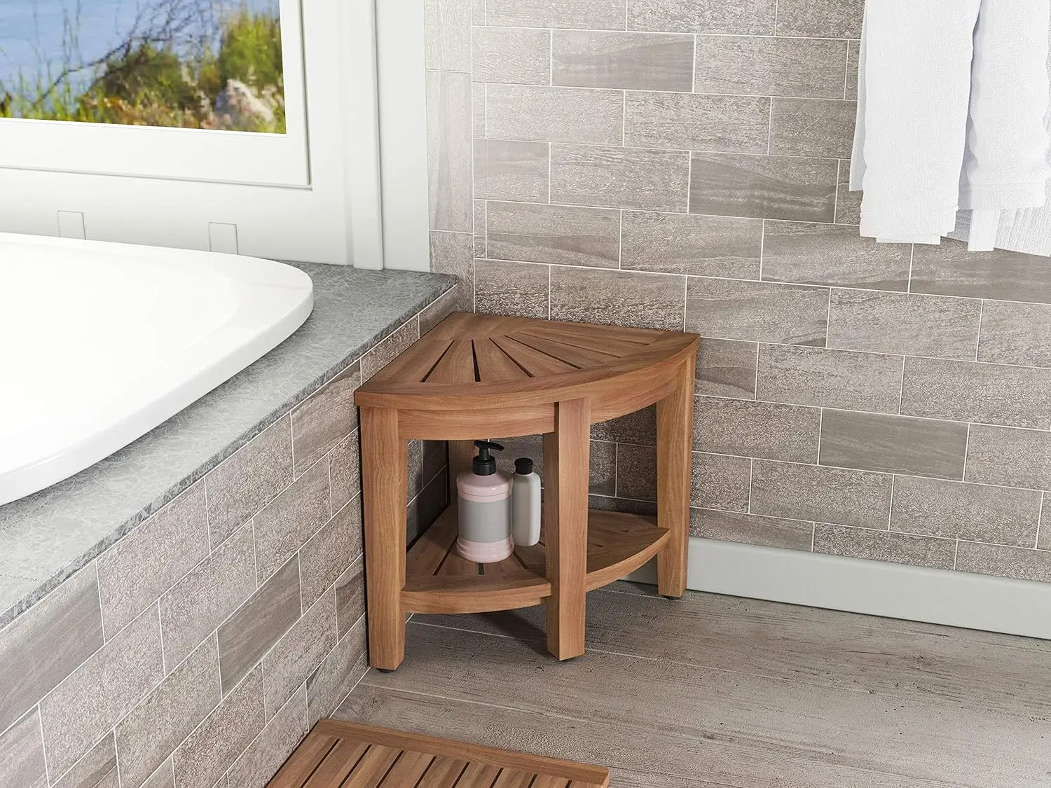 LS-1206,Manufactory Solid Wood Bench with Teak Wood Colour Corner Shower Stool Corner Shower Bench with Shelf Bathroom Bench