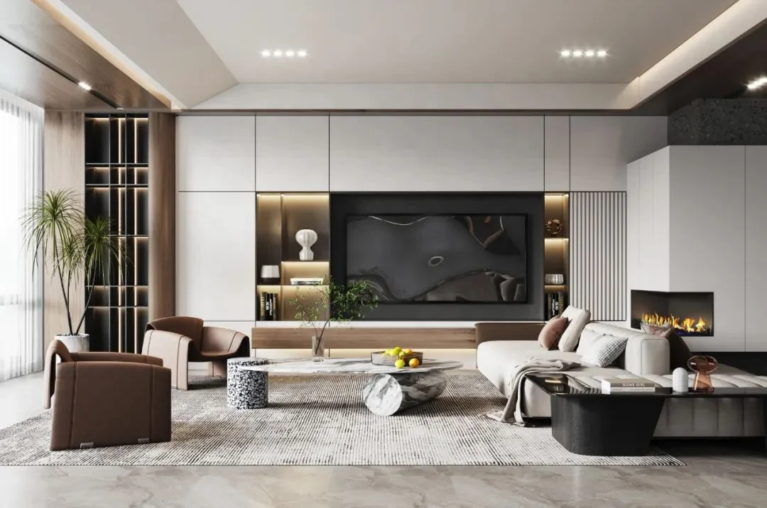 Modern luxury living room wall integrated TV background wall, sliding door TV cabinet