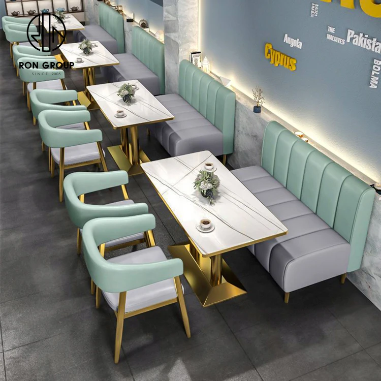 Custom square coffee shop fast food commercial cafe marble restaurant sofa bench furniture table and chairs booth seating set