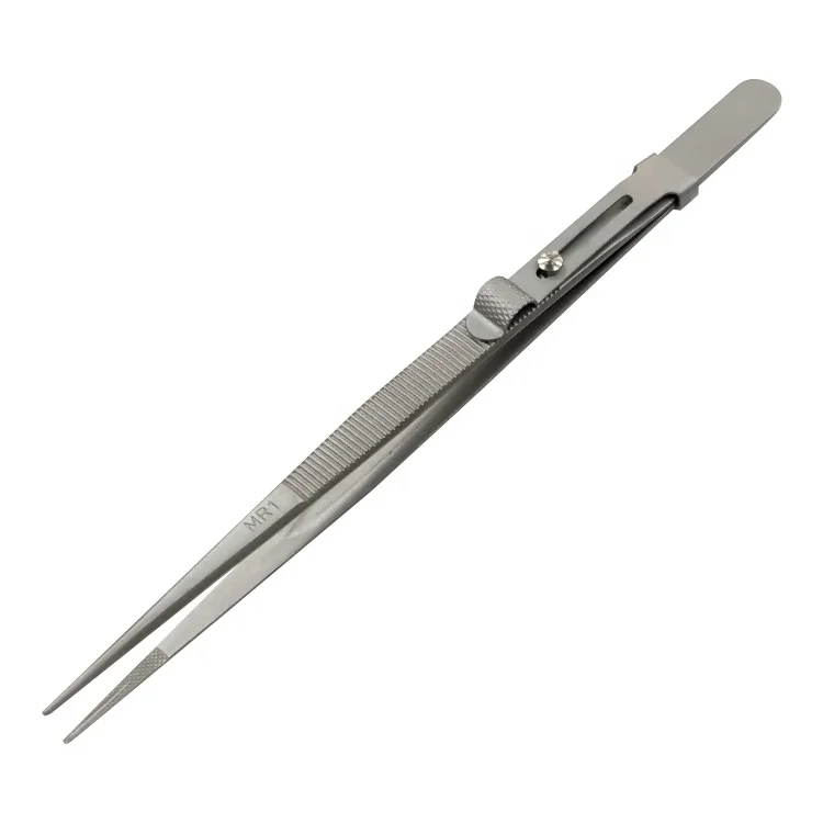 MR1 Medium Stainless Steel Diamond Grooved Tip Slick Lock Tweezers High Quality Inox Jewelry Pick up Tools OEM Gemstone Tweezers
