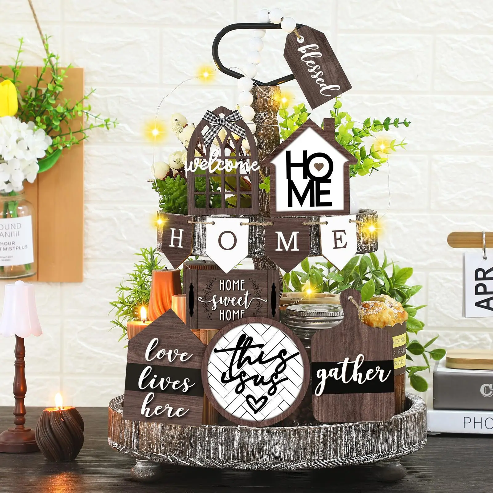 Custom Farmhouse Tiered Tray Decoration Ornament Craft 11 Piece Rustic Wood Sign for Table Kitchen Home Decor
