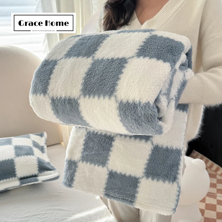 Grace Home Competitive Manufacturer Classic Plaid Printing Double Sides Coral Flannel Fleece Blanket For Winter Air Conditioner