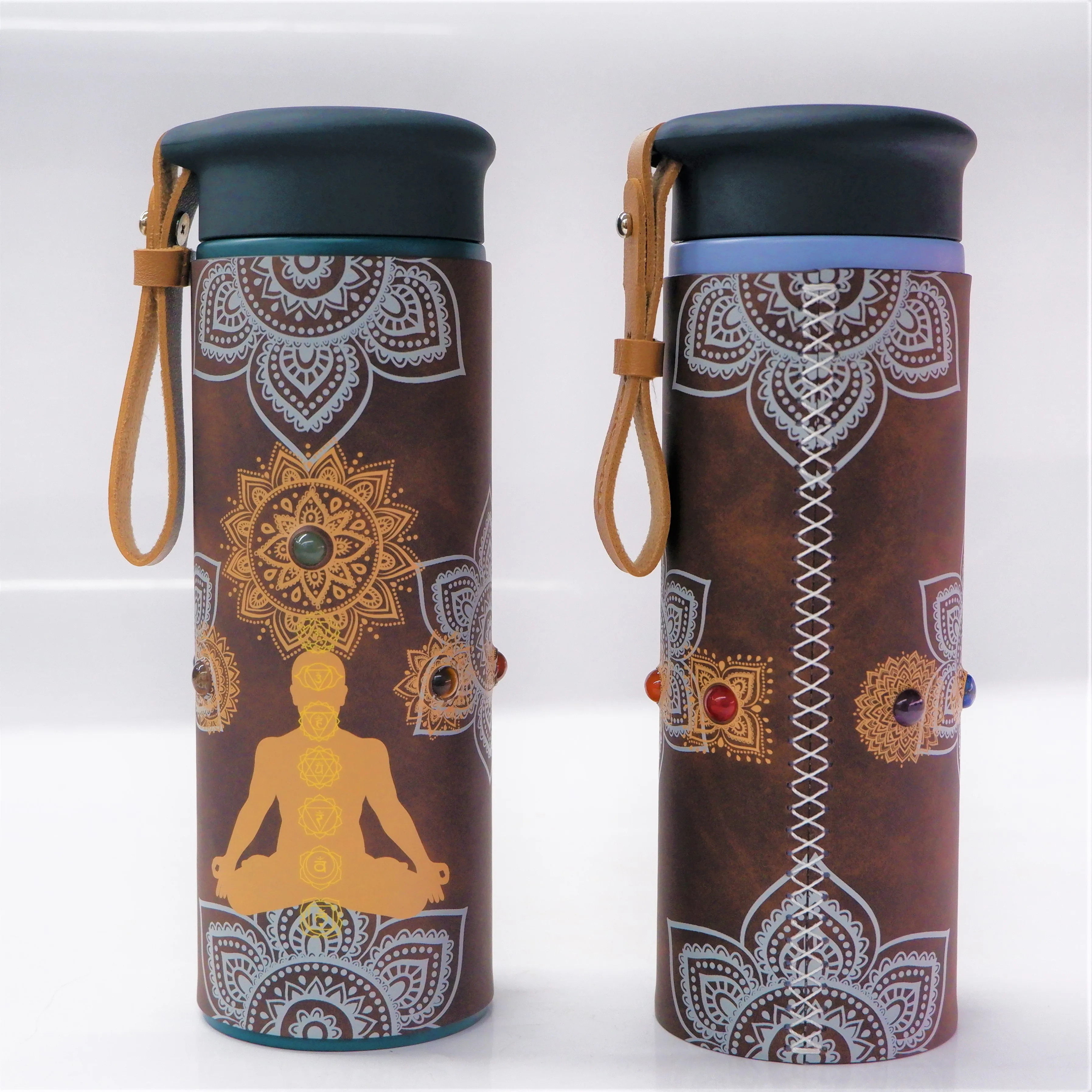 Healing Gift PU Leather Seven Chakra Pattern Color Changing Thermos Crystal Water Bottle