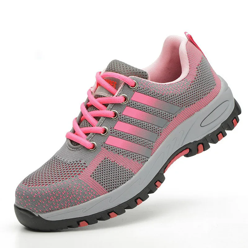 
new style fashion fly knitting pink mesh cloth Anti-smashing and anti-stabbing women safety work shoes 