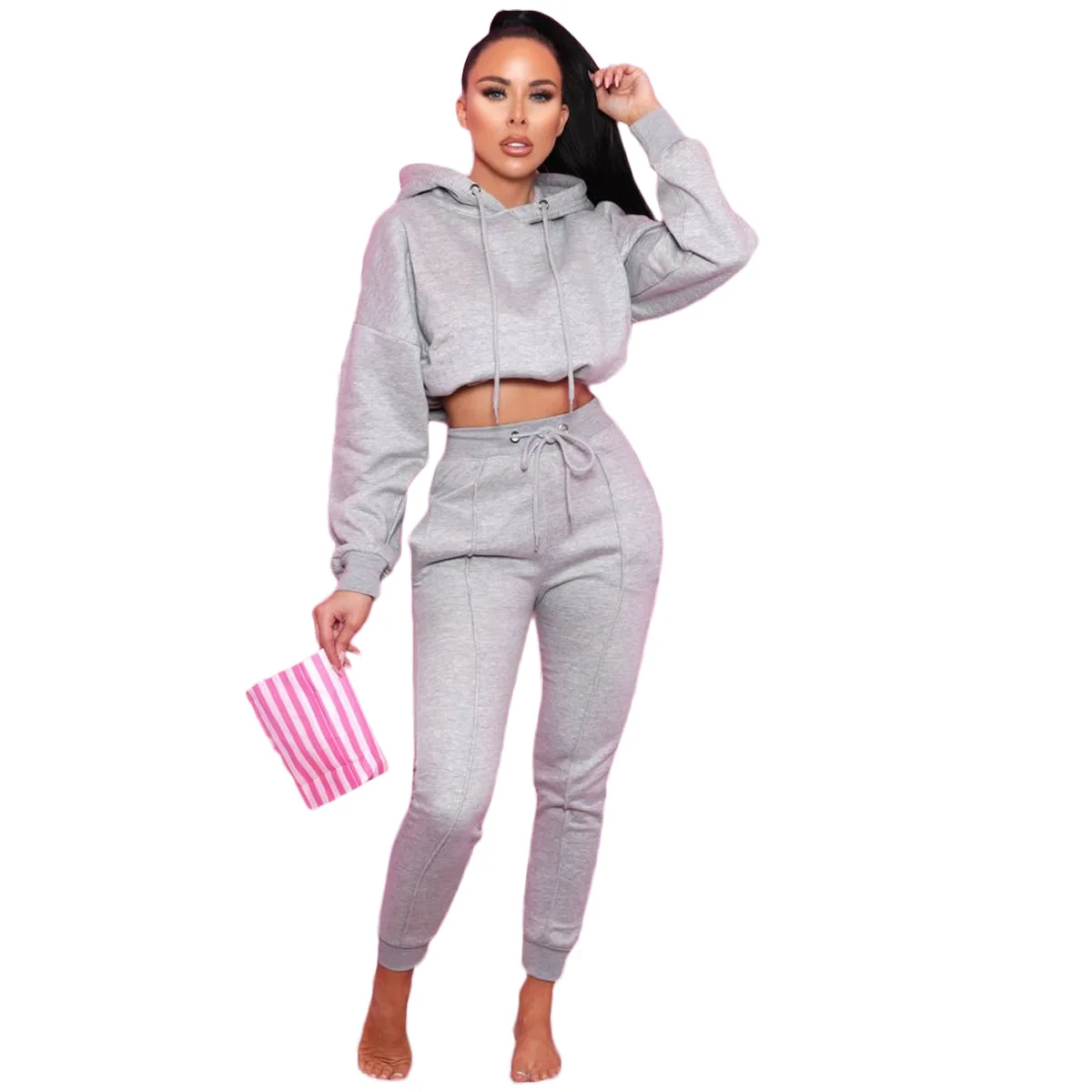 Solid color cropped hooded sweater elastic waist trousers sports two piece pants set
