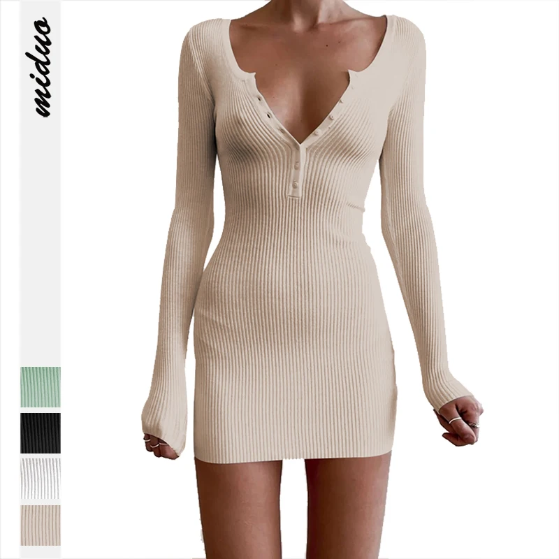 Hot Sales Button Sexy Bodycon Long Sleeve Mini Vintage Elegant Casual Dresses