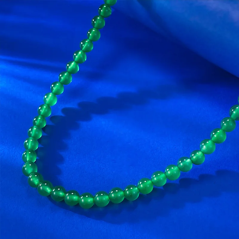 Chalcedone Beads String Ice Imperial Green Silver Inlaid Pendant With 6mm Full String Necklace 50cm