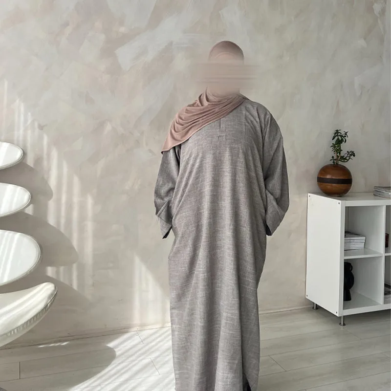 Custom design premium linen blend women abaya solid color breathable muslim dubai abaya women closed linen abaya