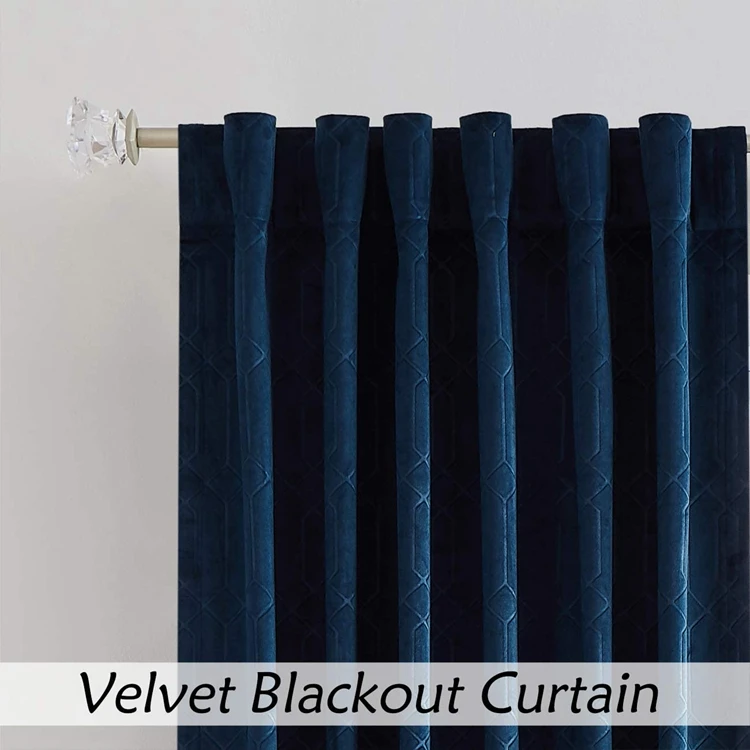 Blue Velvet Window Curtain Room Darkening 90% Blackout Panels Rod Pocket Back Tab Geometric Embossed Weave Drapes
