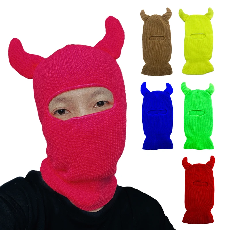 Winter Crochet Acrylic Knitted Funny Custom Balaclava Ski Mask Skimask Hat With Horns Ears For Men Women