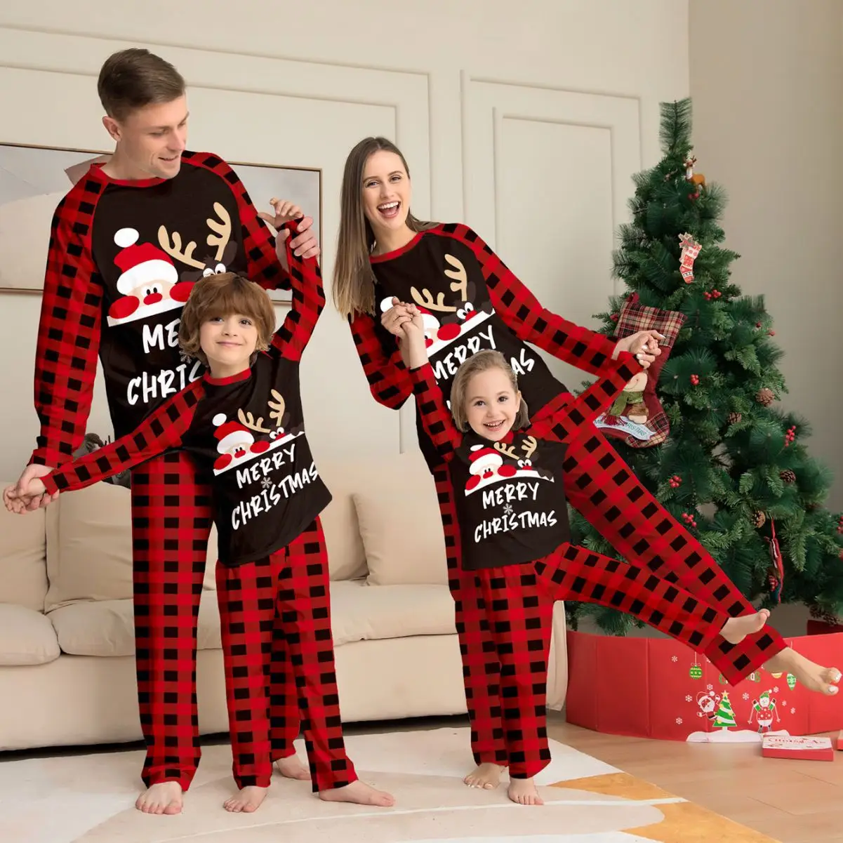 Family matching Christmas pajamas outfits adult sleepwear red light printed hooded Christmas onesie pajamas for whole fimalies
