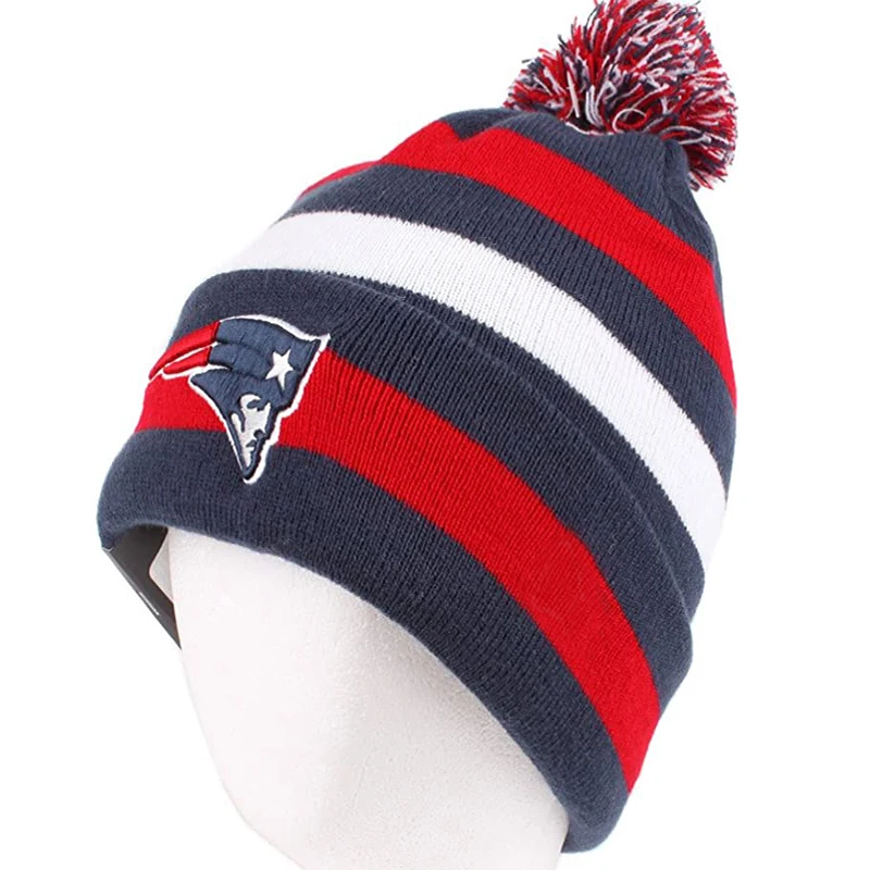 Flag Embroidered Navy Red Pom Pom Beanie Hat