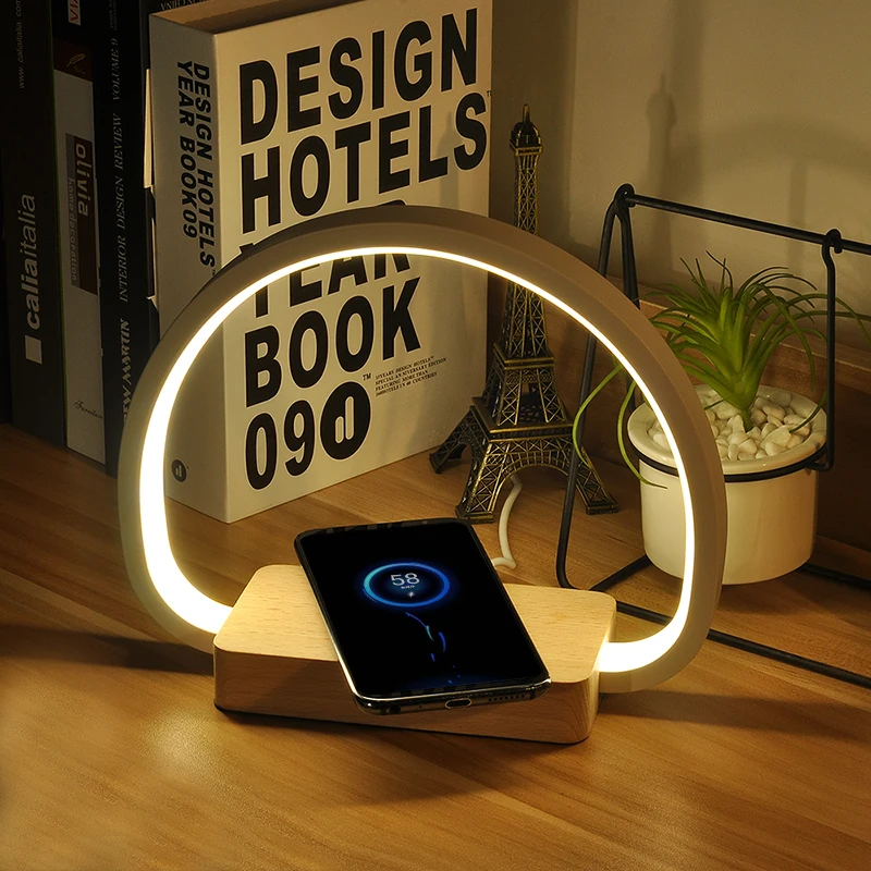 2021 Amazon wooden desk lamp wireless charger with USB port&Night light