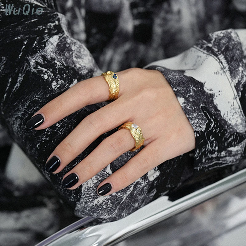 Wuqie Niche Design Irregular Texture Silver Gold Plated Ring Statement Blue Zircon Ring for Women