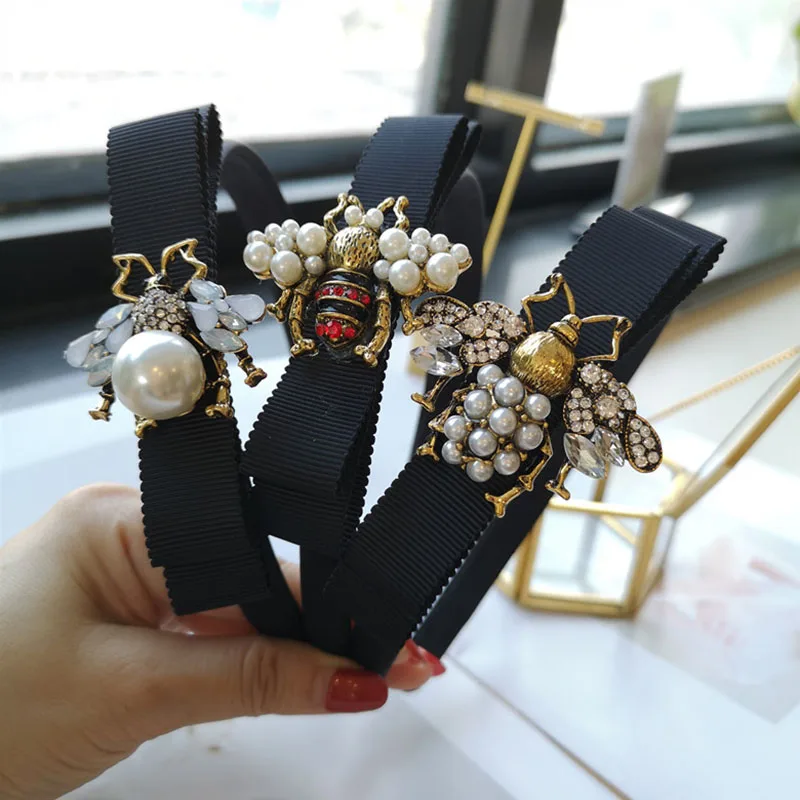 New Luxury Ladies Headband Rhinestone Retro Hair Ornaments Bow Bee Imported Cloth Art Bow Hair Band Bee Pearl Hair Clip