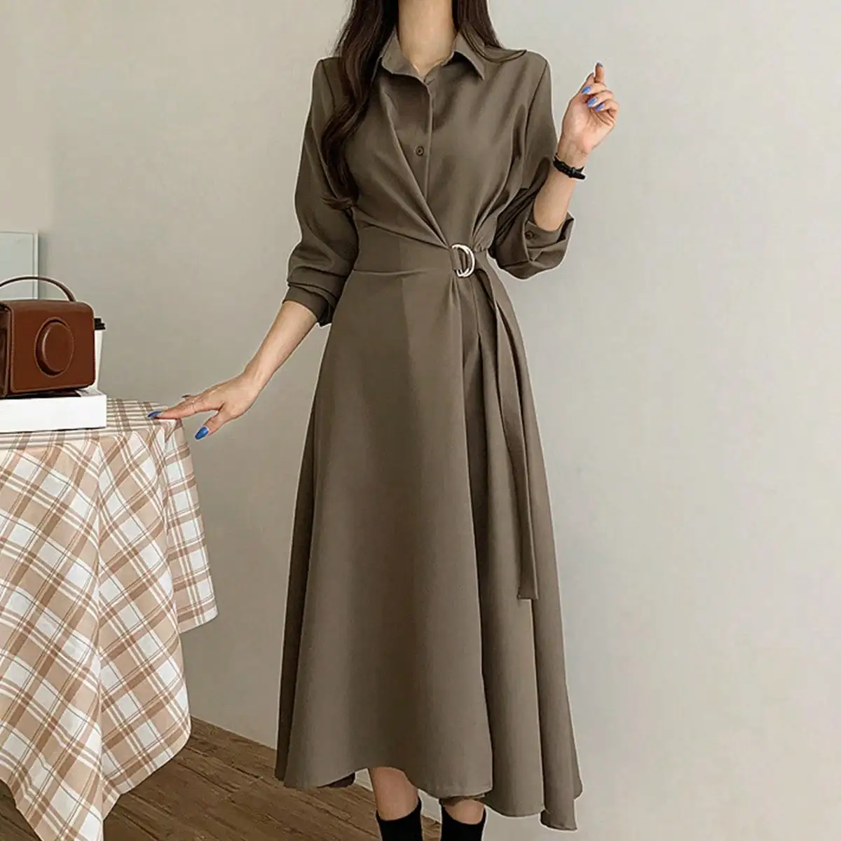Korean Style Office Shirt Dress Women Spring Polo Neck Full Sleeve Bandage Dress Eleqant Casual Streetwear Dress