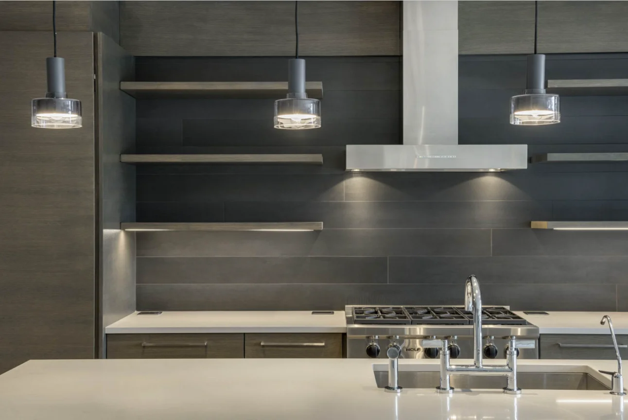 American Contemporary Modern Mid-Size L-Shape Kitchen With Customized  Wood Grain Gray Glossy Kitchen Cabinets