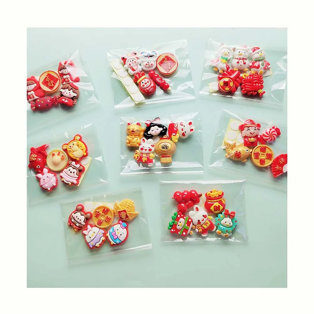8pcs Resin Charms Chinese Happy New Year Lucky Pack Cartoon Spring Festival Gift Flatback Resin DIY Embellishments Craft