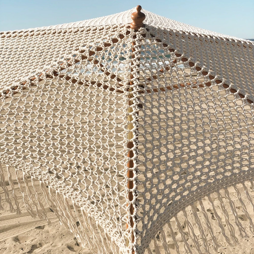 Bohemia Cotton Rope Macrame Parasols 2.5M Wooden Pole Handmade Tassels Woven Canopy Beach Umbrella With Macrame Fringe