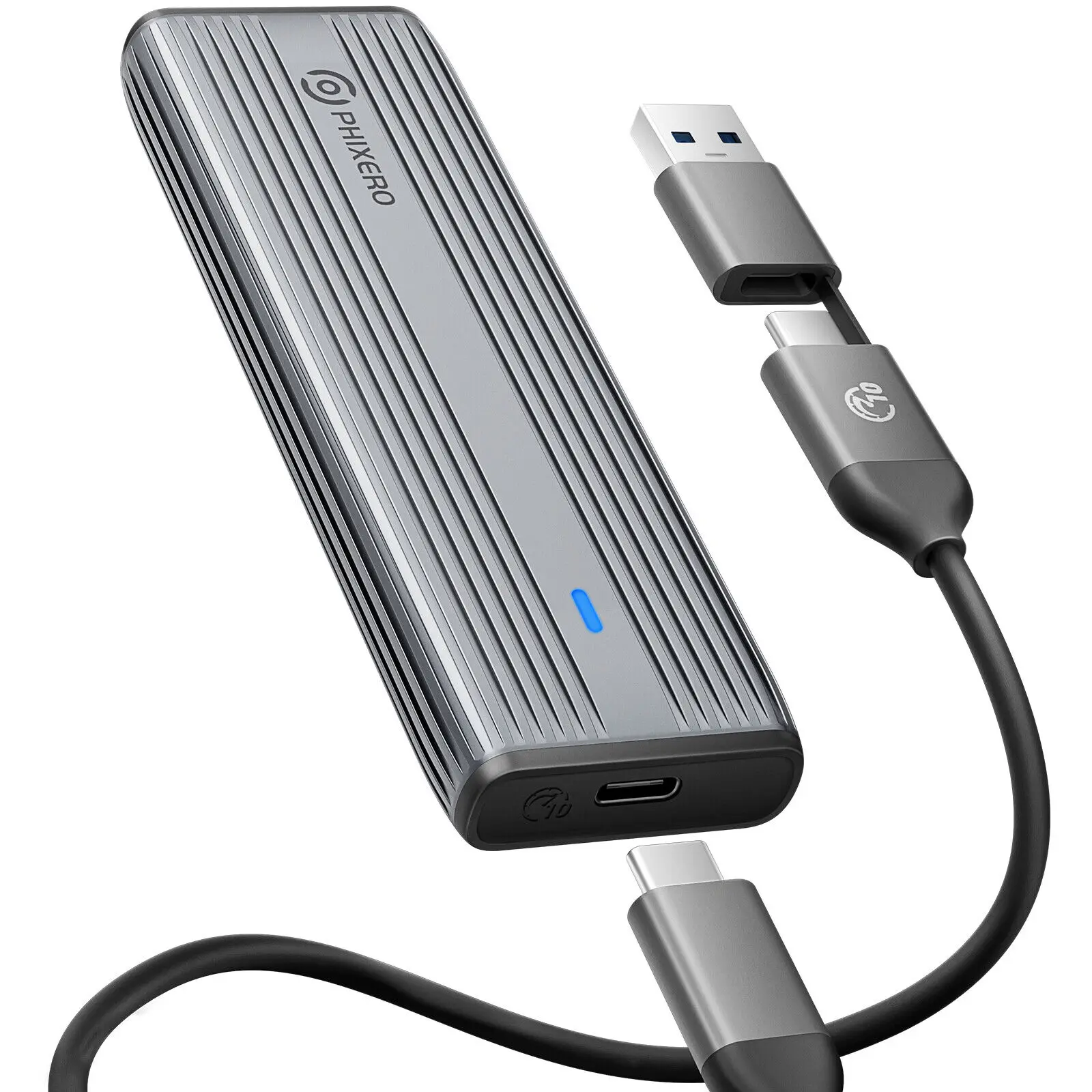 M.2 NVMe SSD External Enclosure: USB 3.2 Gen 2, 10Gbps Transfer, 4TB Capacity, USB-C, Windows/Mac/Linux Compatible.