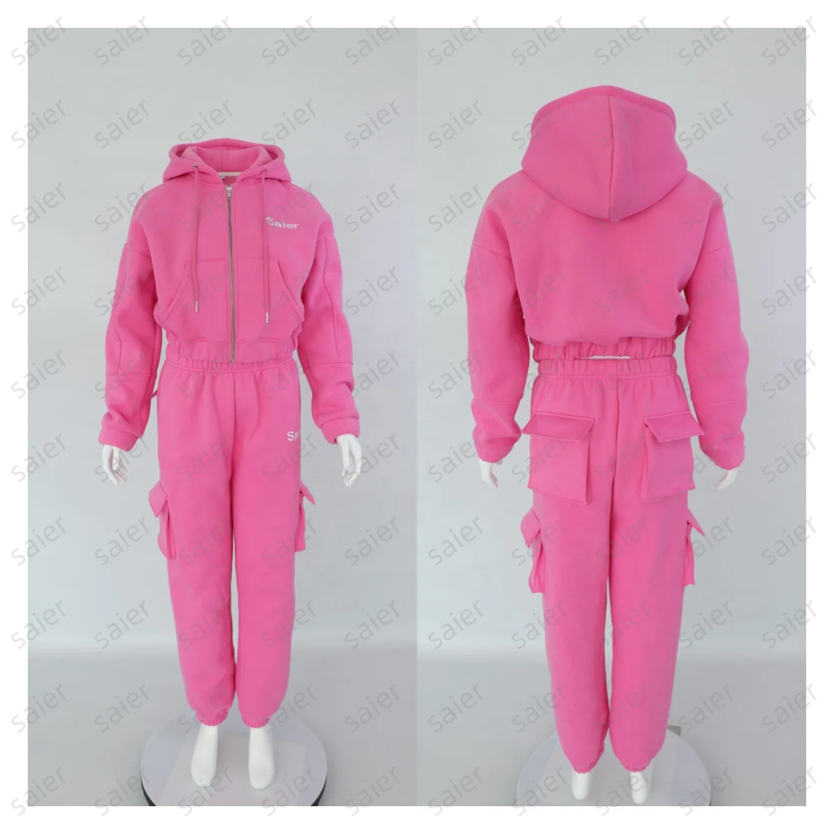 L230716 Custom Embroidery Oversized Zip Up Crop Top Hoodie And Jogger Set Two Pieces Hip Hop Women Tracksuit Jacket Hoodie Set