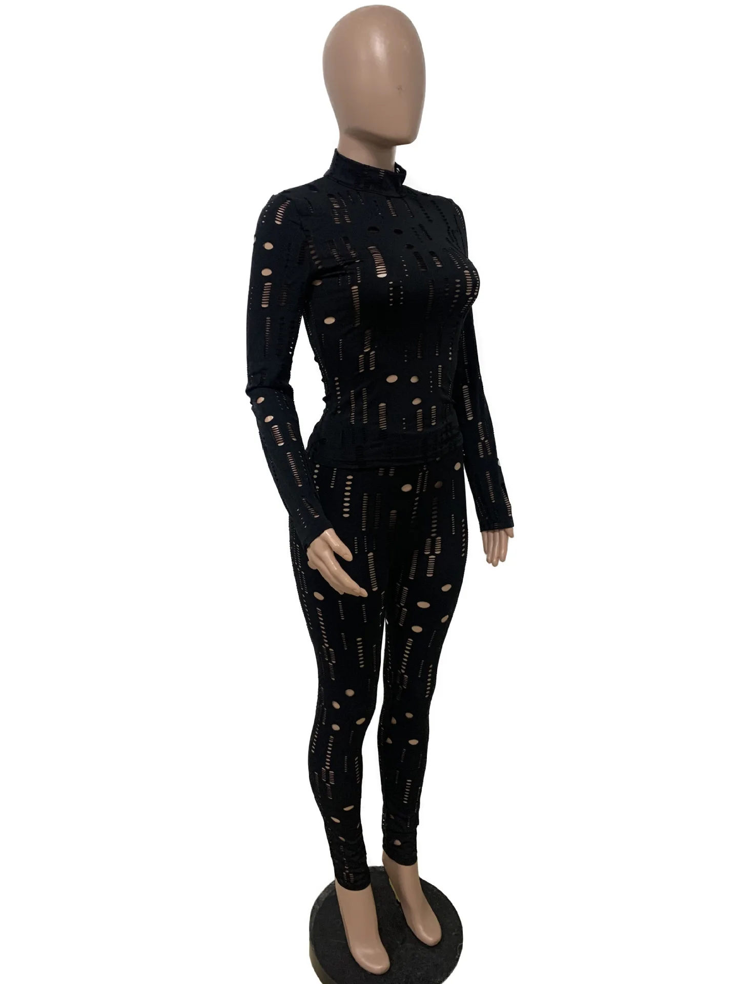 L2122 sexy bandage fashion long sleeve hollow out top and pants woman two piece pants set