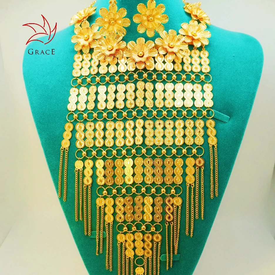 Grace Gothic Jewelry Flower Wedding Jewelry sets Wholesale Vintage jewelry Suppliers Nigerian Dubai gold Necklace Sets for Party