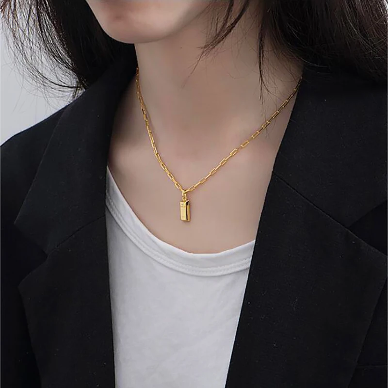 18k Gold Plated S925 Sterling Silver Thick Link Chain Gold Brick Pendant Necklace Women Gift Jewelry Necklaces