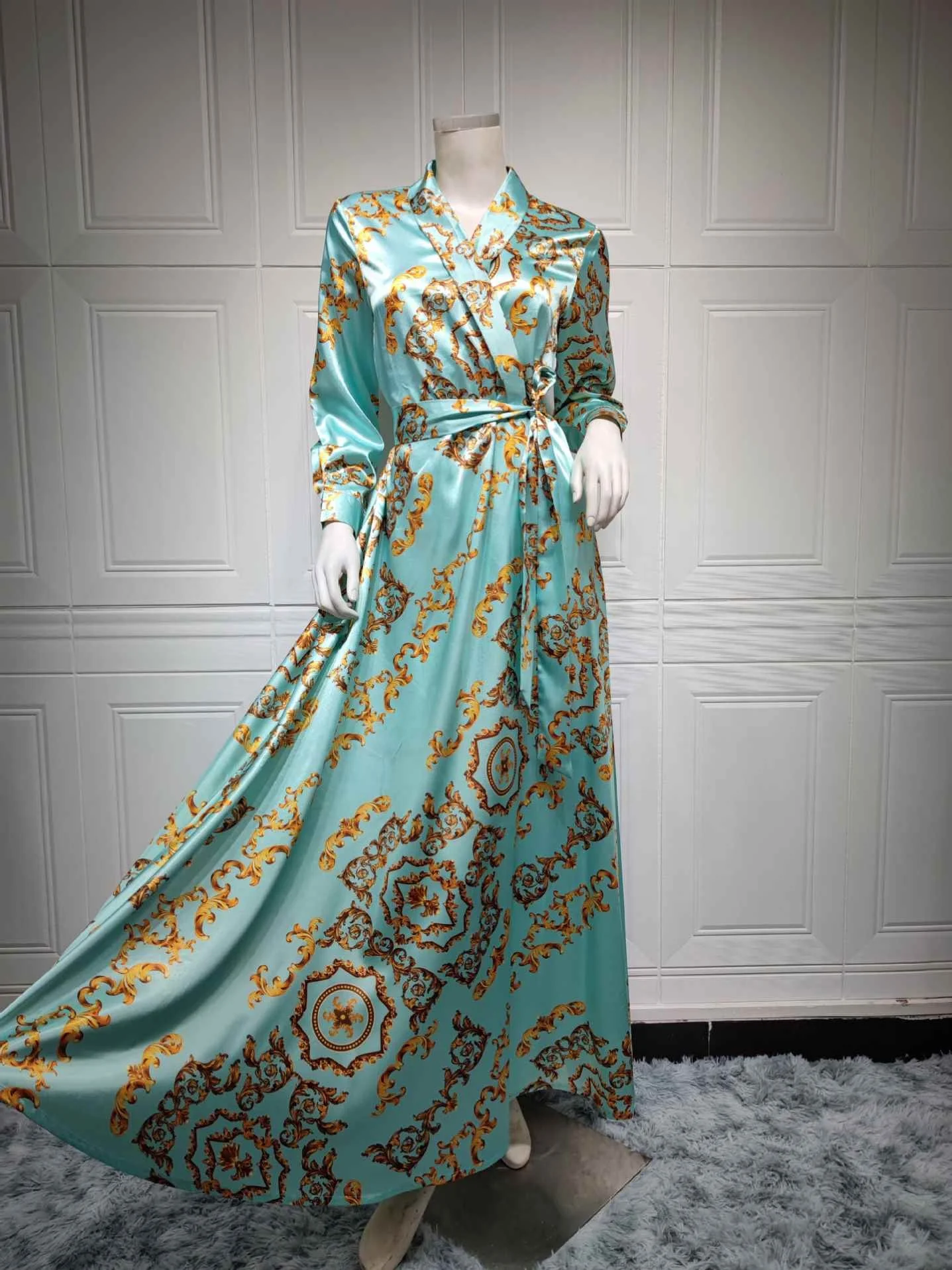 kc Middle East Abaya Women Muslim Dress Elegant Floral Printing Evening Dresses Long Sleeves Maxi Dress Ladies Abaya Dubai