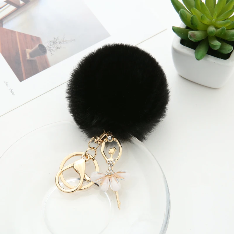 
Faux Rabbit Fur Pom Pom Angel Ballet Girl Designer Key Chain for Ladies Keyrings Metal Charm Acessories Pendant Women 1054A 