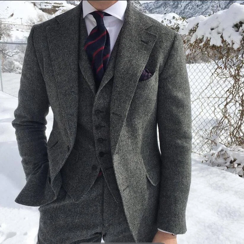 Gray Wool Tweed Winter Suit for Men Herringbone Slim Fit Formal Groom Wedding Tuxedo 3 Piece Sets Wedding Male Suits