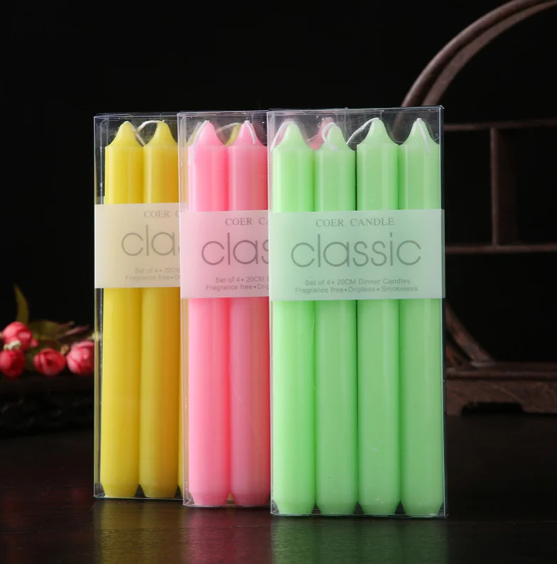 Home decor Unscented Smokeless Paraffin wax Colorful 20cm Taper Candle Sets For Weddings And Parties
