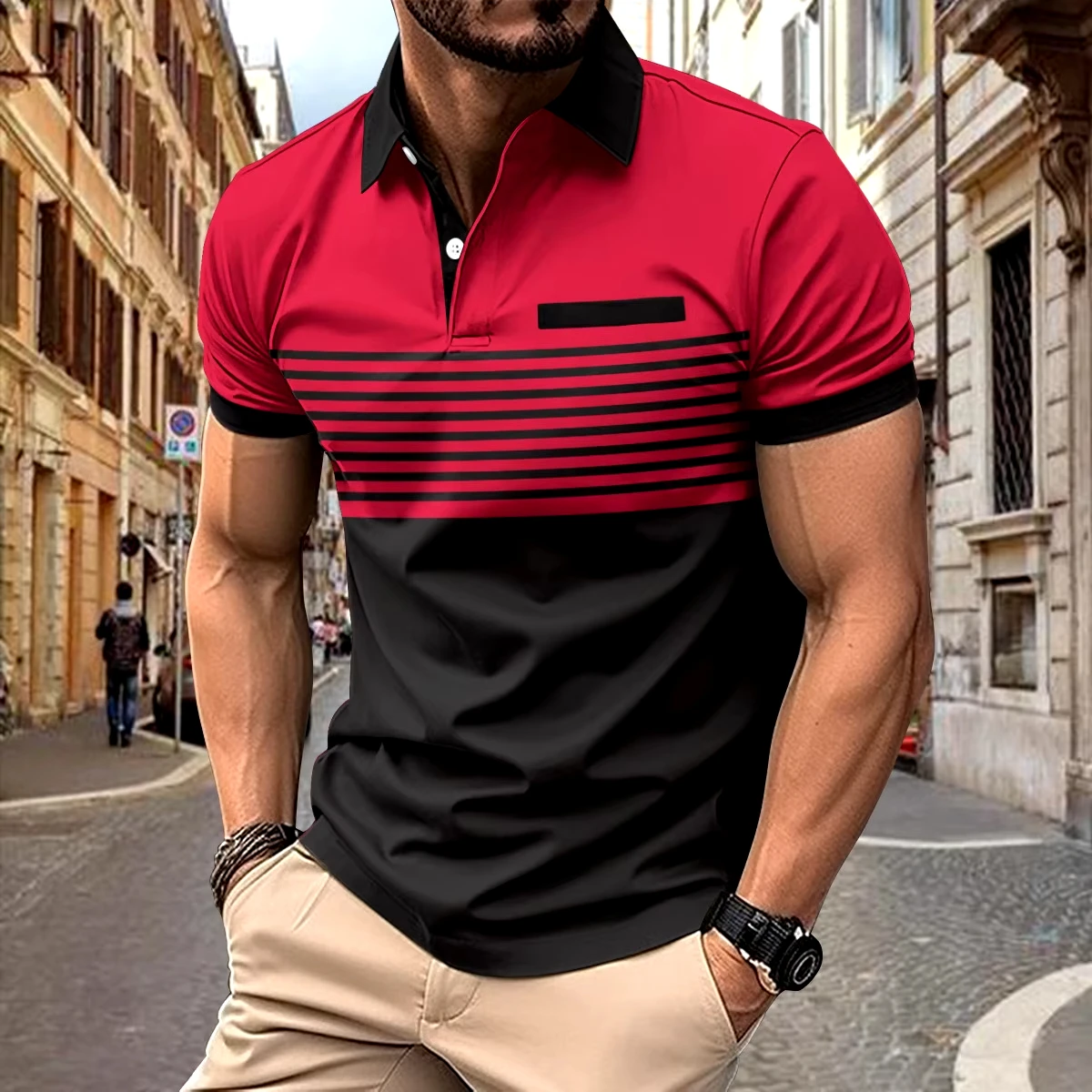 2024 Summer New Mens Slim Casual Polo Shirt Color Matching T-shirt for Man T-shirt Chest Button Printed Striped Short Sleeve