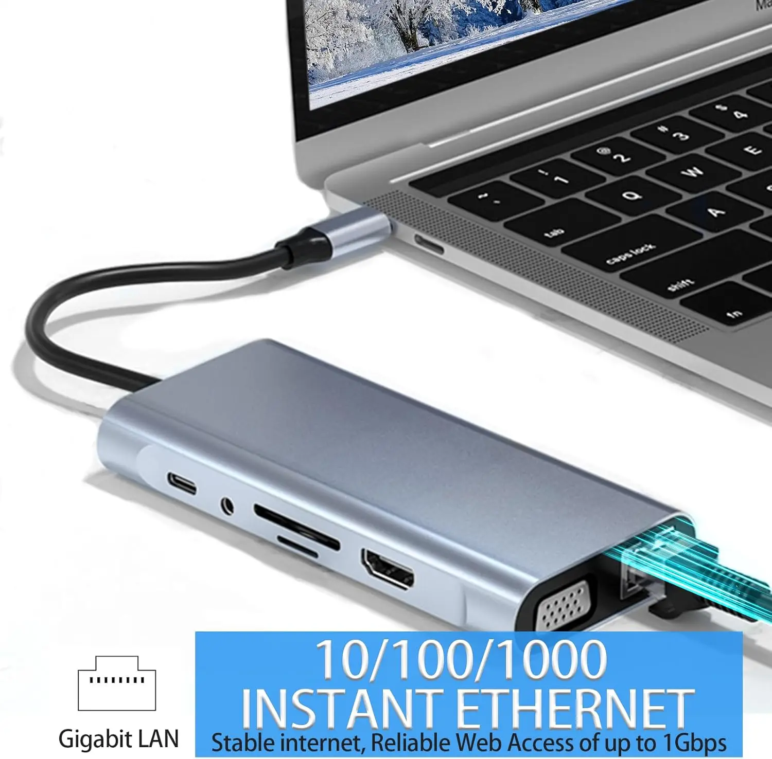 USB C HUB Multiport Adapter Laptop Docking Station 11 in 1 with 4K HDMI VGA Type-C USB3.0 RJ45 SD/TF Card Reader 3.5mm AUX