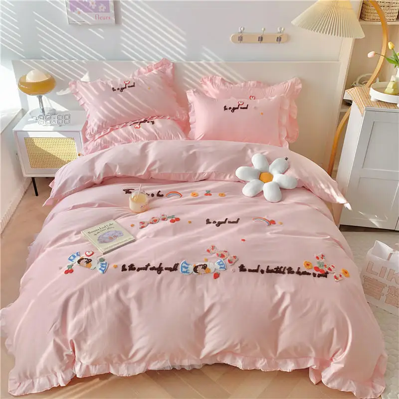 Custom Embroidered Pure Cotton Duvet Cover Queen Size 3Pcs Flat Bed Sheet With Pillowcase