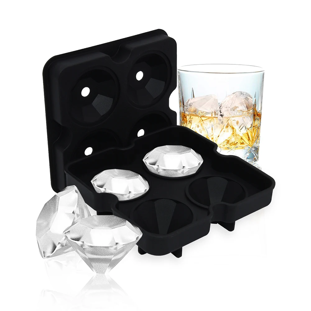 4 Cavity Reusable BPA Free Easy Release Diamond Shaped Cube Ice Mold Silicone Diamond Ice Cube Tray