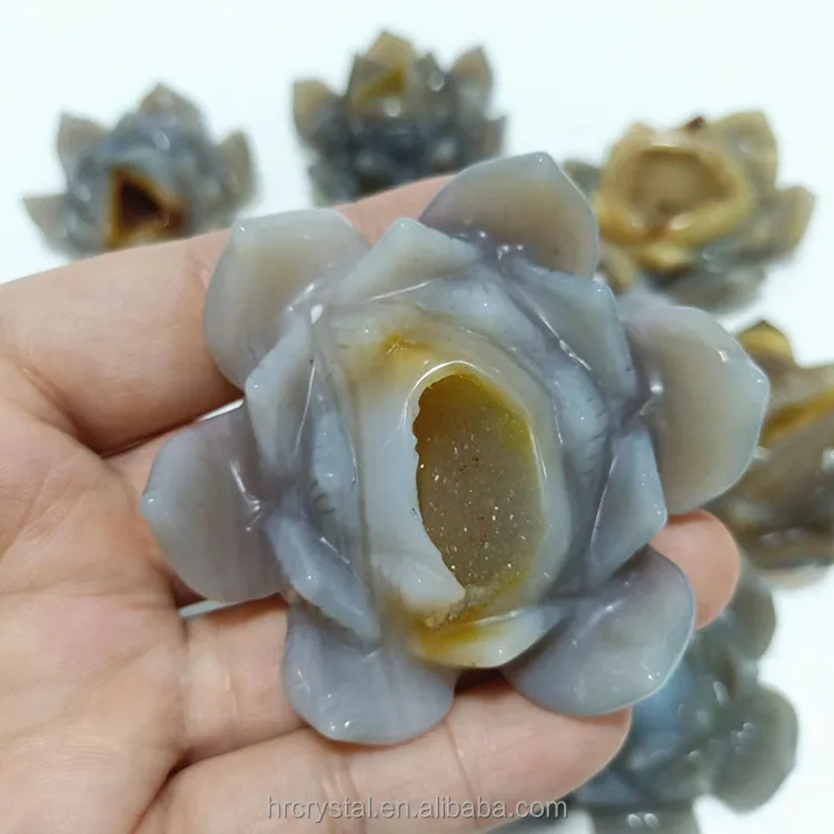 023 Semi-precious Stone Crafts Gemstone Druzy Agate Lotus Healing Geode Crystal Flowers Carving