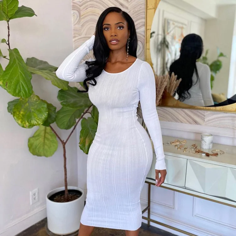 Устойчивые повседневные платья, Стильное однотонное женское платье миди с длинным рукавом и глубоким вырезом
