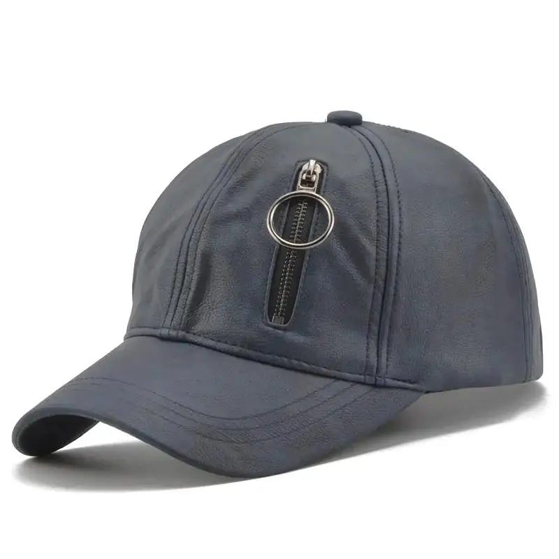 Wholesale Unique New Design Plain Black Leather Baseball Cap and Hats with Zipper Pocket