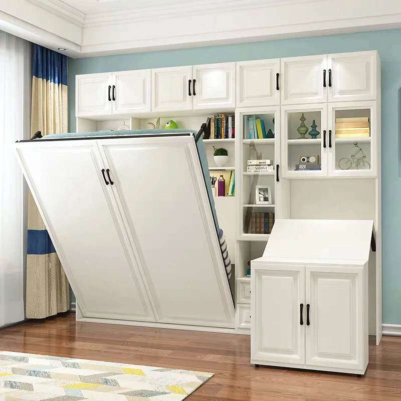 Space Saving Simple Study Guest Room Wall Murphy Bed With Closet Wardrobe Storage Cabinet Invisible Hidden Beds Bookcase Desk
