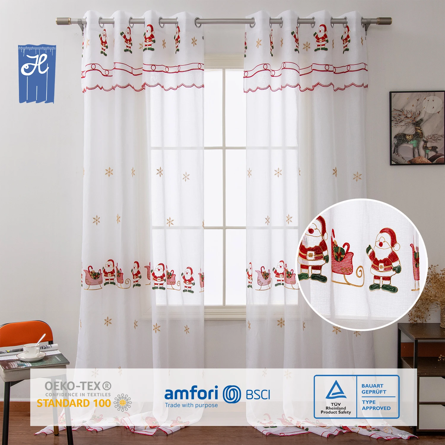 Cheap Cartoon Christmas Design White Embroidery Sheer Tulle Curtains Drapes Embroidered For Living Room Window With Valance