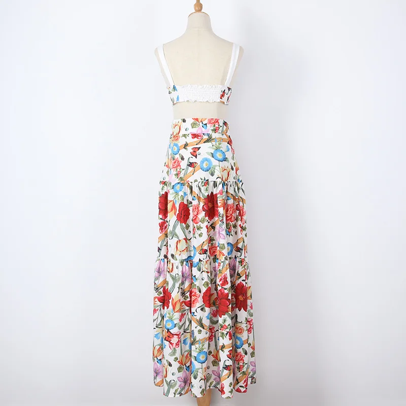 Summer Crop Top And Skirt Sets Clothing For Women Spaghetti Strap Bohemian Beach Floral Maxi Long Dress