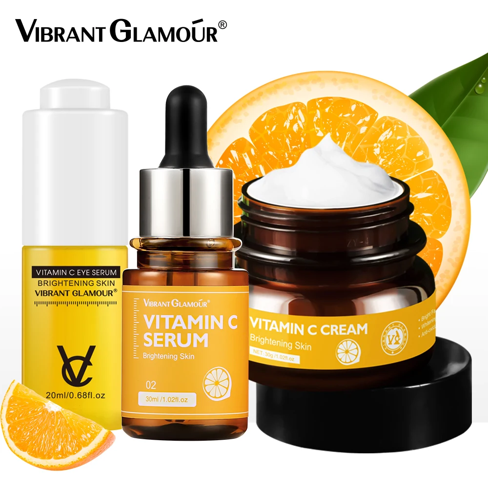 VIBRANT GLAMOUR Nature Vitamin C Sets Whitening Face Cream+Serum+Eye Serum Brightening Anti Aging Firming Skin Care 3pcs