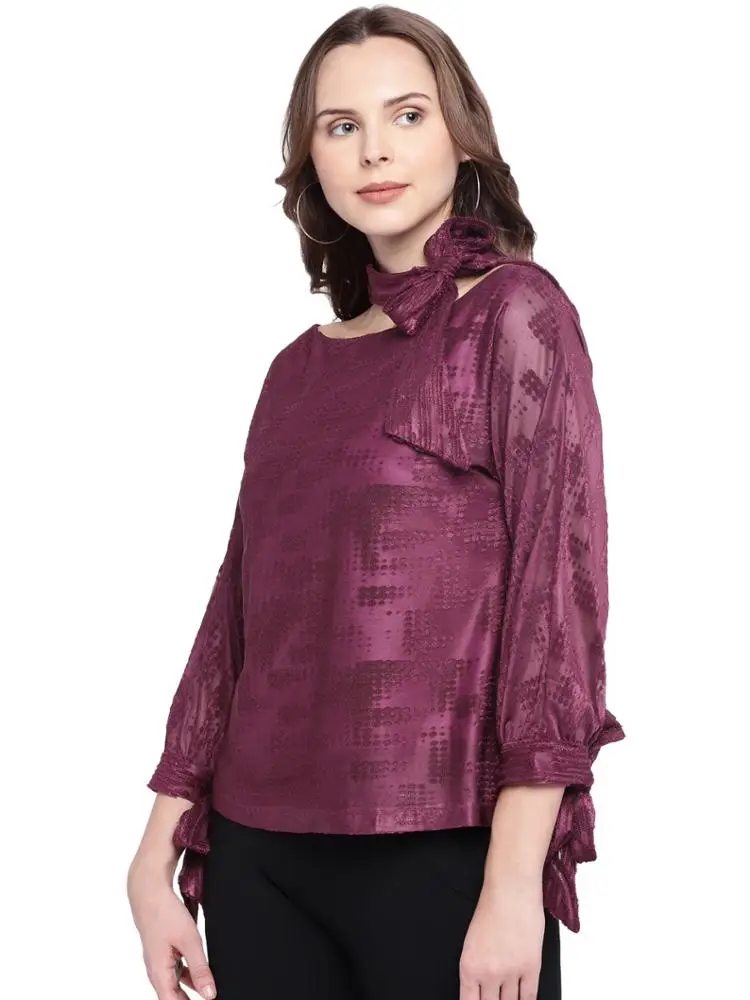 
DESIGNER TOP IN WINE WITH COLLAR AND TIE-CUFFS 