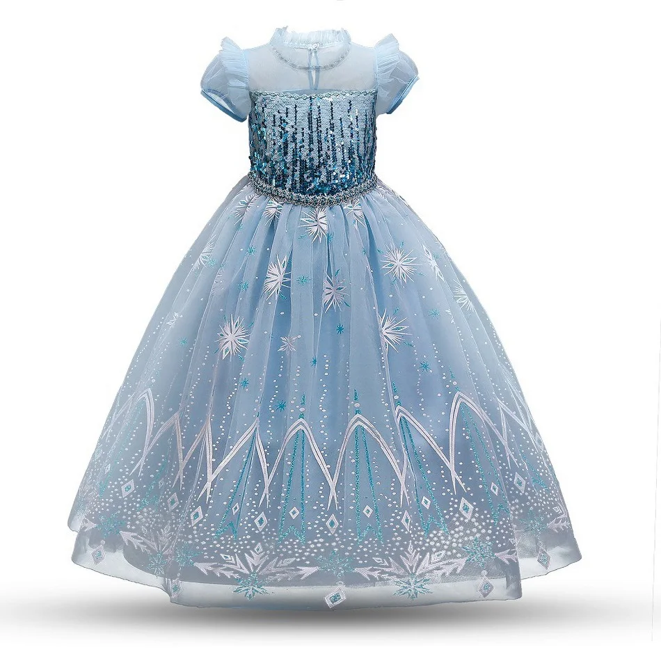 3 To 10 Years Old 2021 Halloween Christmas Party Cos Dress Princess Anna Elsa Blue Lace Snowflake Print Girl Dress