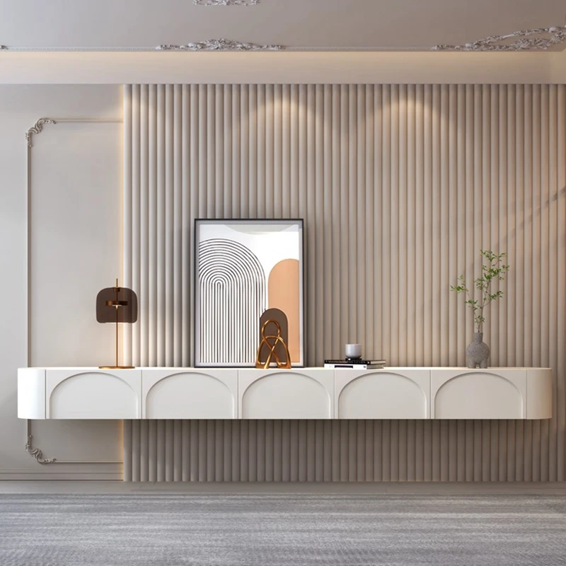 Tv cabinet french white tv stand  light luxury semicircle Arc wall hanging unit tv cabinet modern design floating  locker