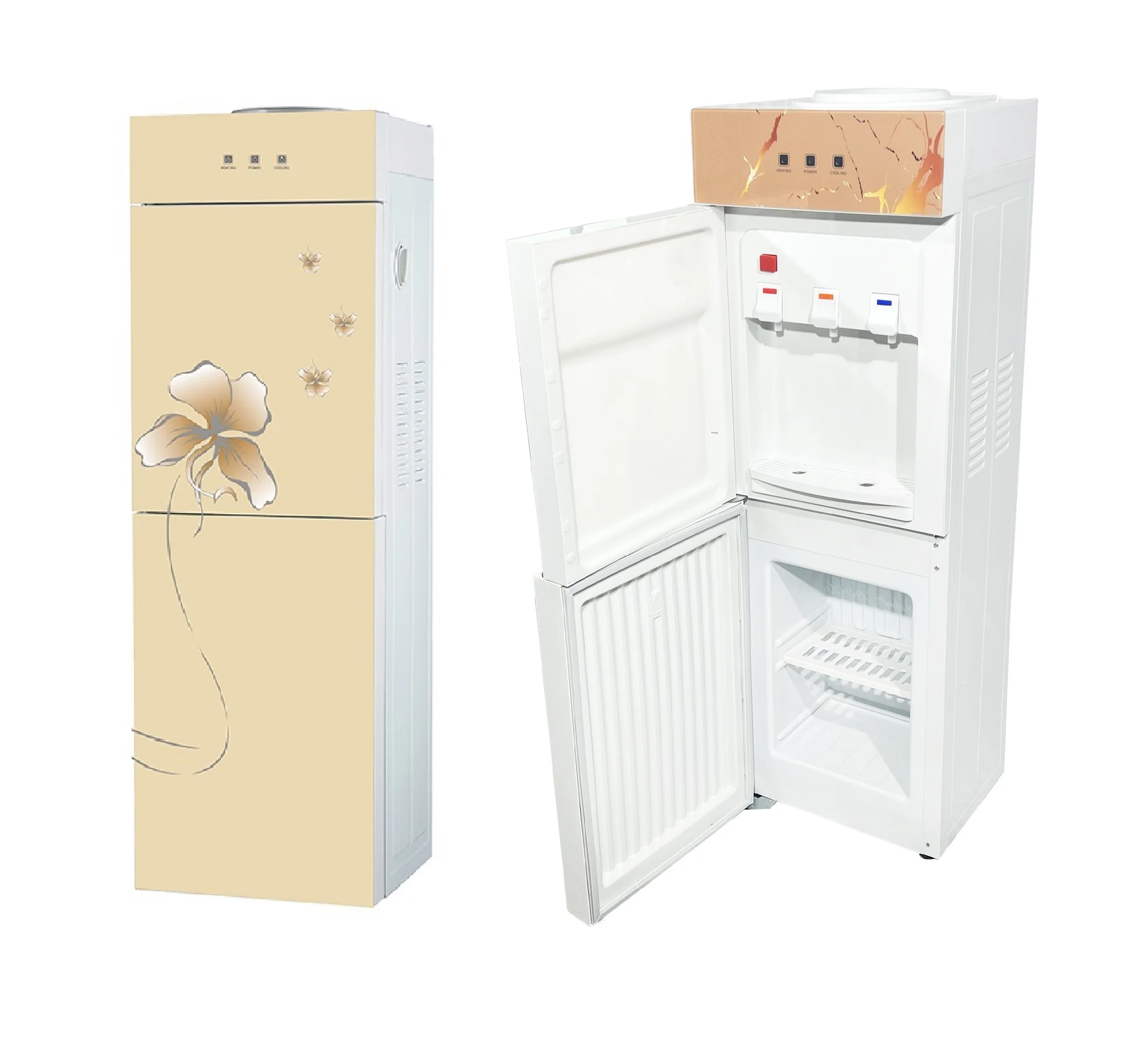 Free Stand Top Load  Hot Cold 3 taps Electric Water Dispenser with Refrigerator/fridge glass Door  compressor cooling Home Hotel